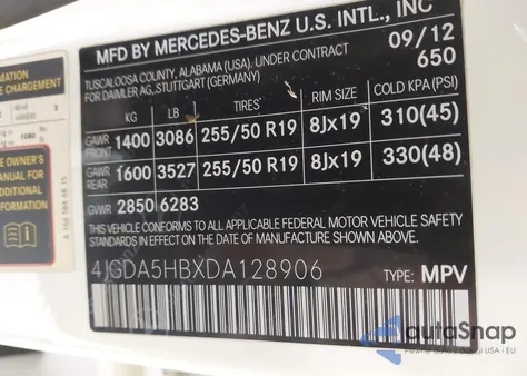 2013 Mercedes-Benz Ml 350 4Matic from USA, damaged, VIN 4JGDA5HBXDA128906